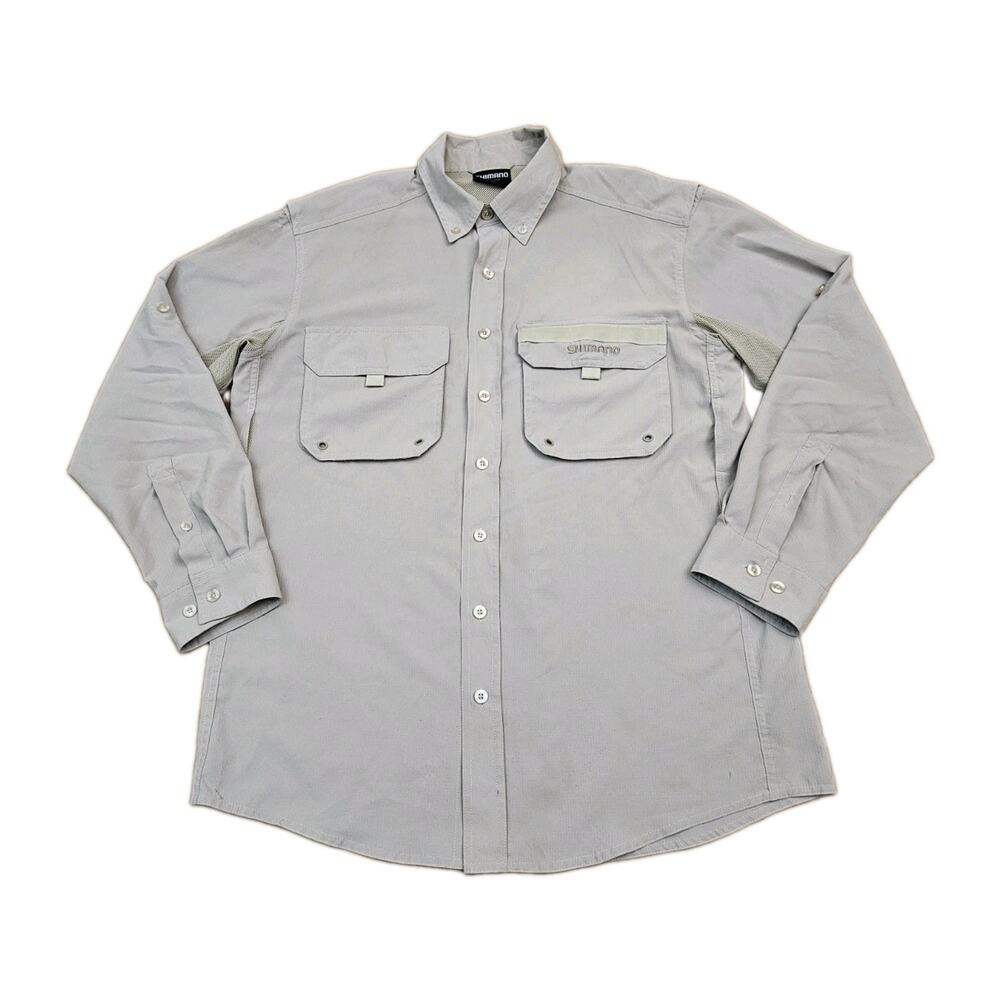 Shimano Men's Beige Solid Long Sleeve Button-Up Collared Fishing Shirt Pockets M